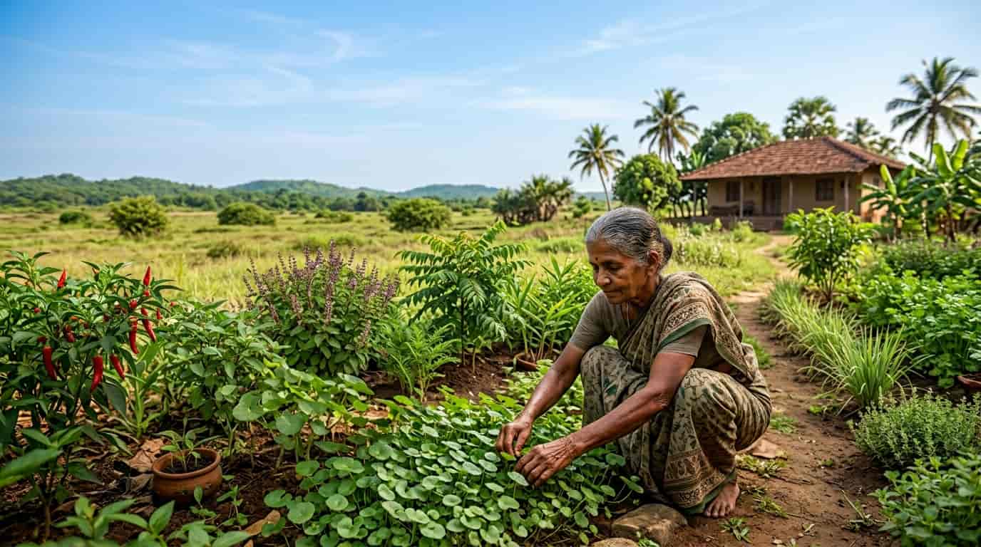 Sri Lankan village home garden with medicinal and culinary herbs